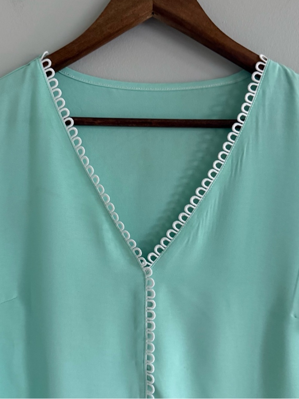 V-Neck Mint Short Sleeve Blouse with Loop Trim - Picture 3 of 10